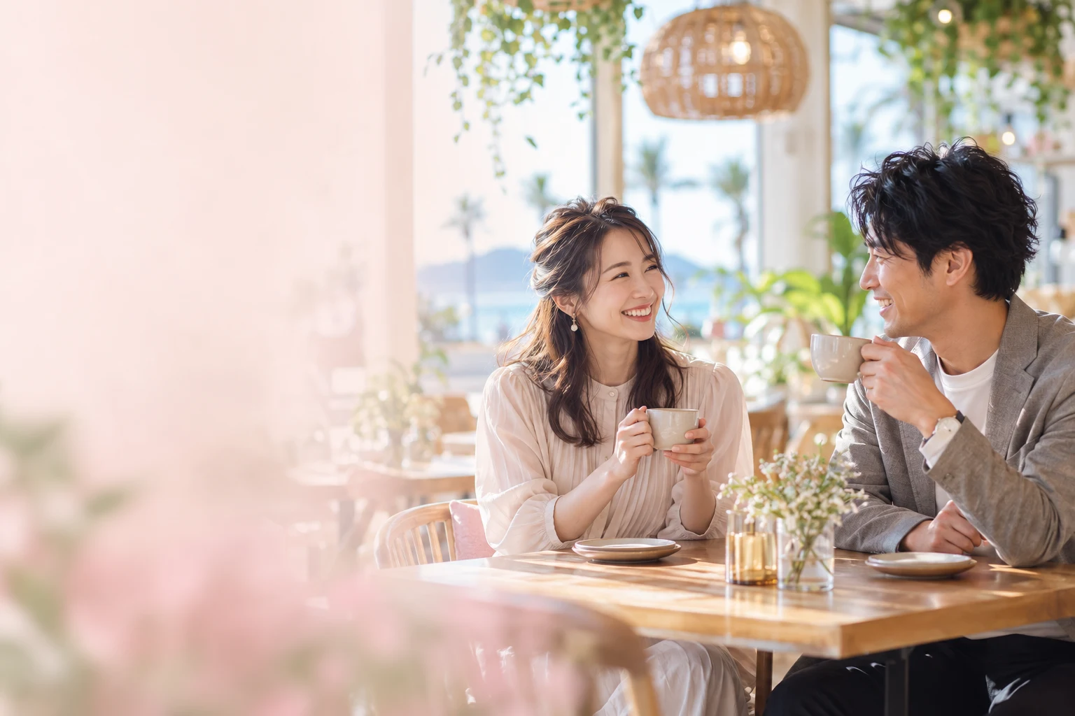 カフェで笑顔で会話する男女のイメージ